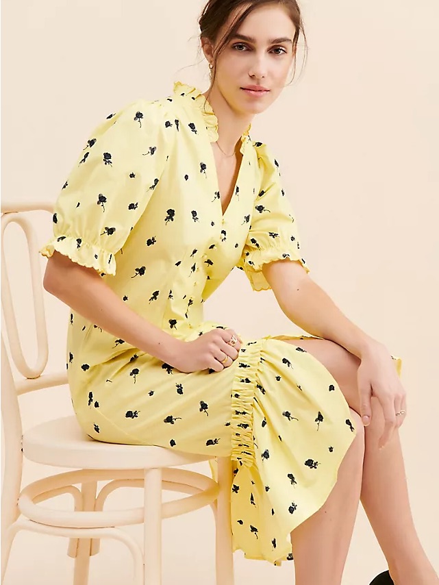 Yellow Floral Midi Dress With Ruffle Trim